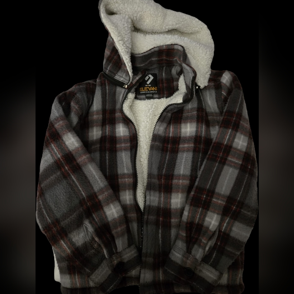Elevani Kids Hooded Plaid Sherpa-Lined Pea Coat in Gray, Red Accents & Brown